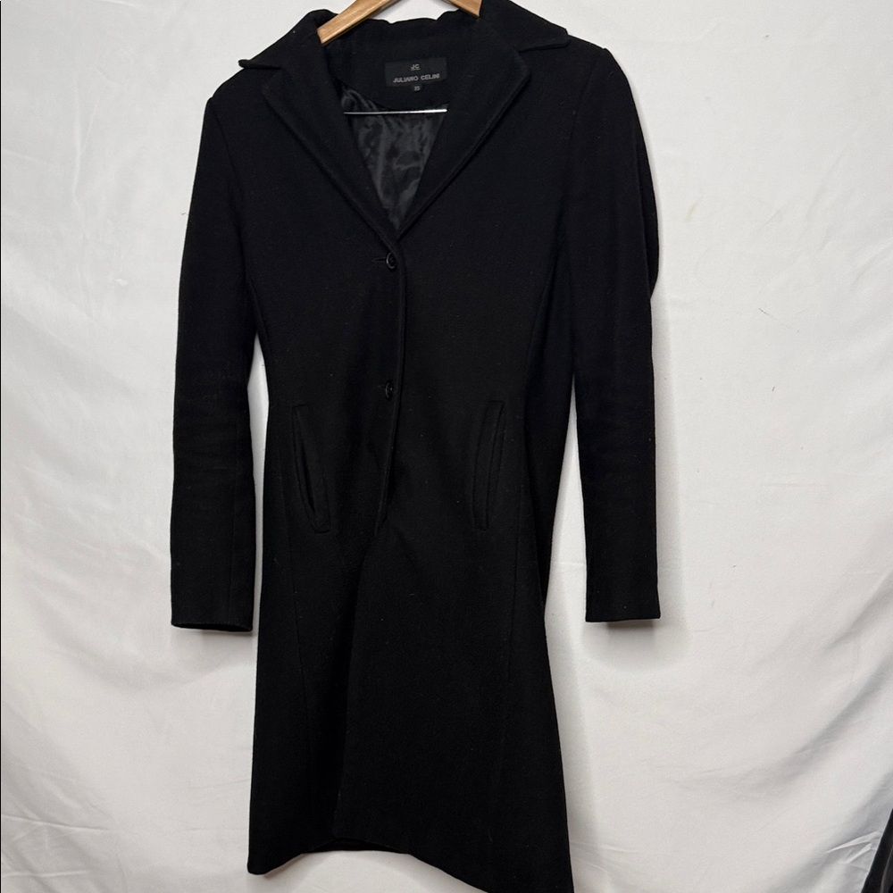 Juliana Celini black 55% wool long trench style coat jacket sz XS
